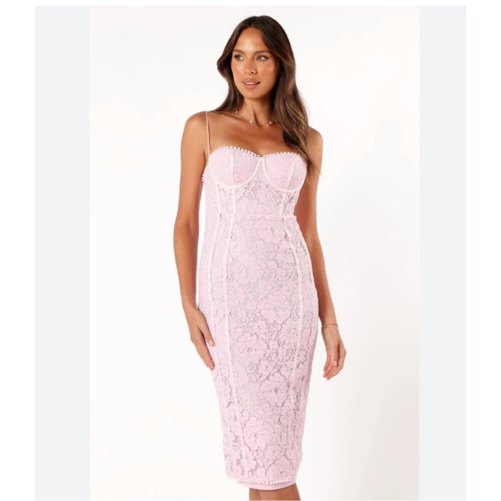 Petal & Pup Allegra Dress Womens XS Pink Lace Bustier Sweetheart Midi Bodycon